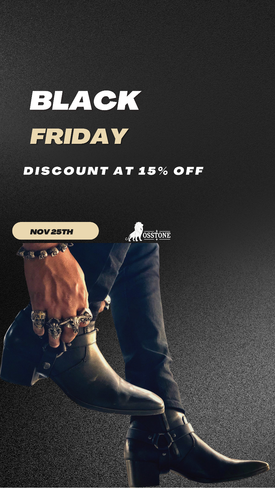 Black Friday discount advertisement with a person wearing boots on a dark background