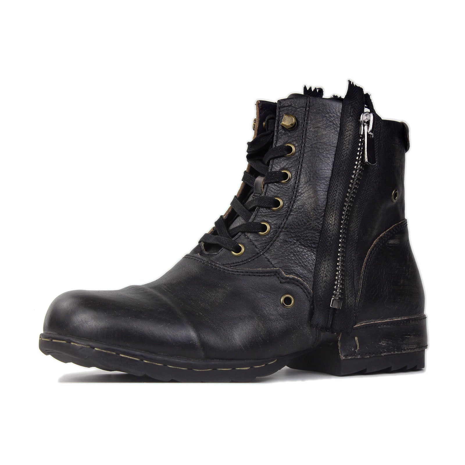 Osstone black leather men's ankle boot with lace-up closure and a side zipper.