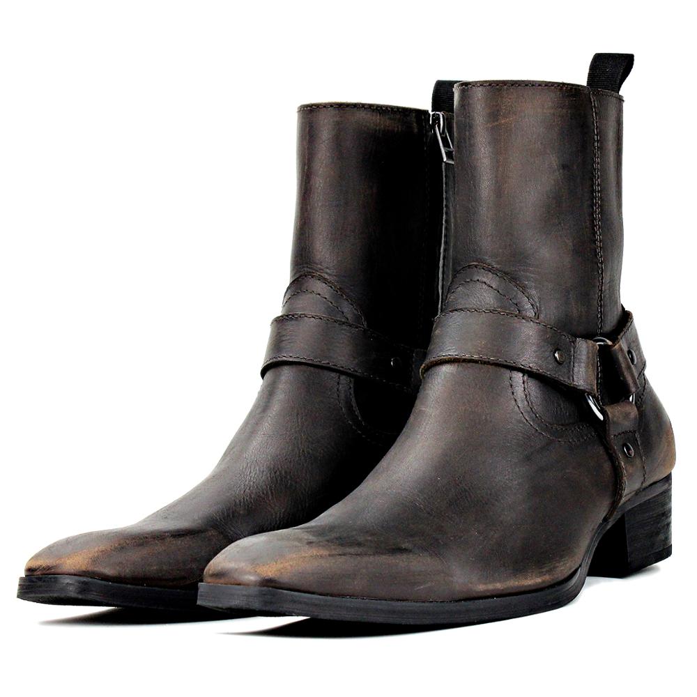 Osstone bronze, mild-heeled Chelsea boot with a zipper-up front and a decorative belt