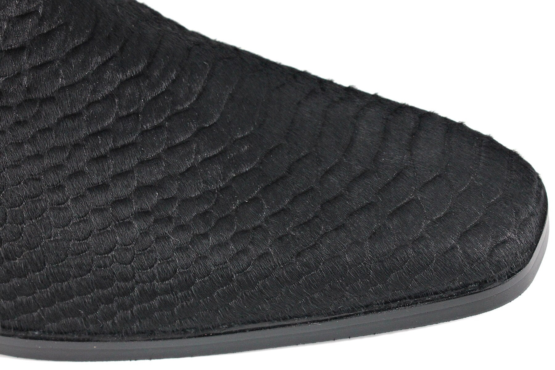 A black OSSTONE high-heeled Chelsea boot with a crocodile print pattern on the exterior.