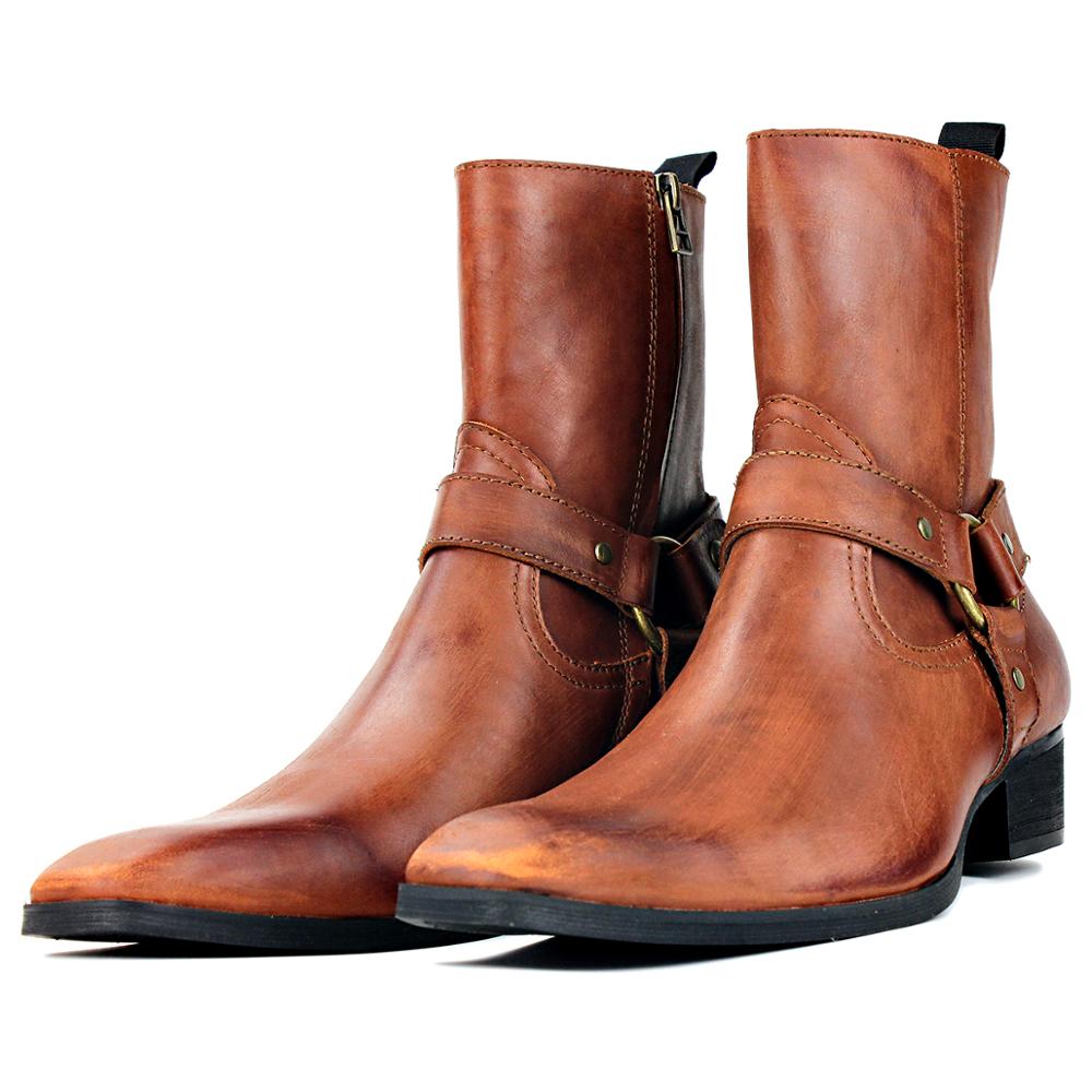 Osstone brown, mild-heeled Chelsea boot with a zipper-up front and a decorative belt