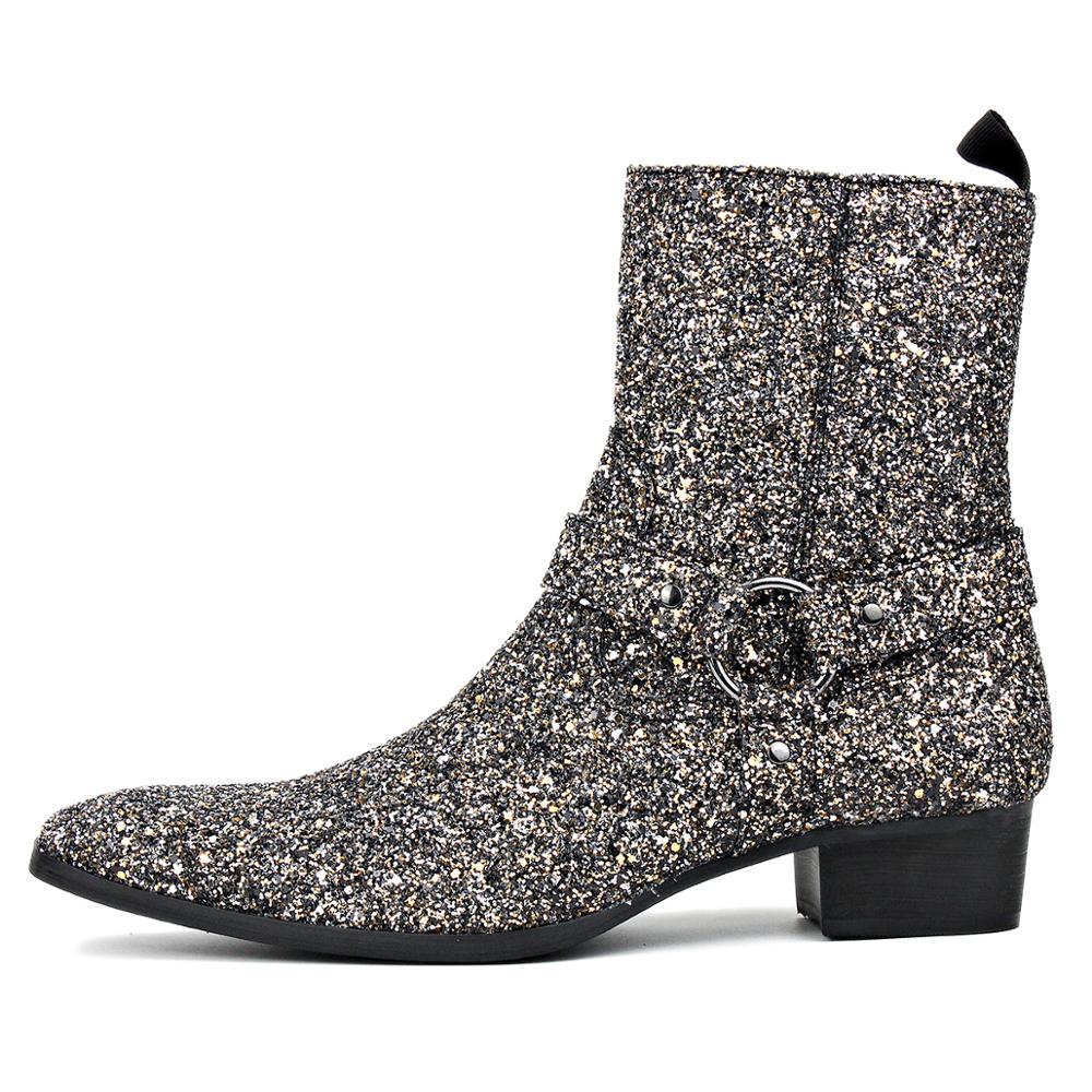OSSTONE - Silver Glitter Side Zipper Heel Chelsea Boots
