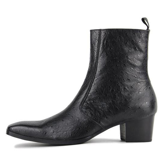 OSSTONE black, high-heeled Chelsea boot with an ostrich pattern exterior.