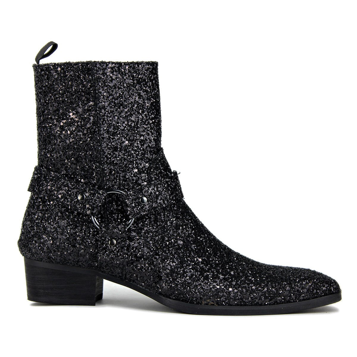 OSSTONE black high-heeled Chelsea boot with a shimmering finish and a decorative strap.