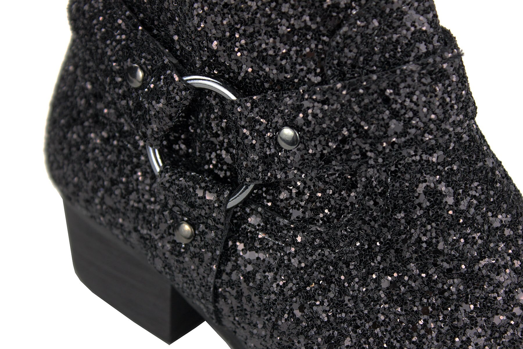 OSSTONE black high-heeled Chelsea boot with a shimmering finish and a decorative strap.