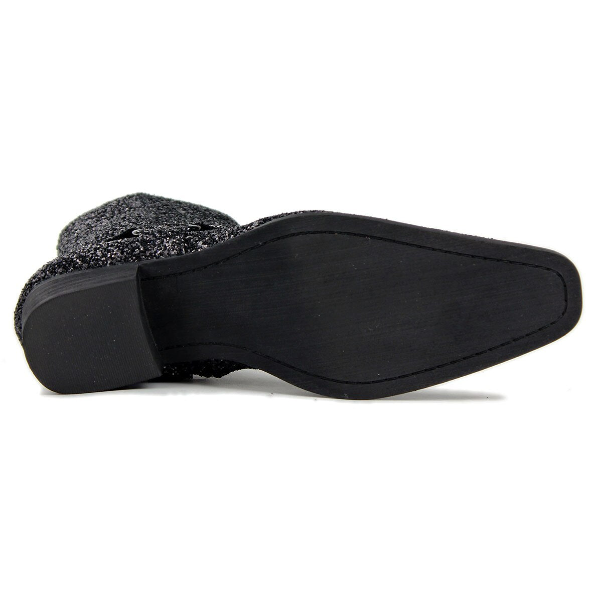 OSSTONE black high-heeled Chelsea boot with a shimmering finish and a decorative strap.