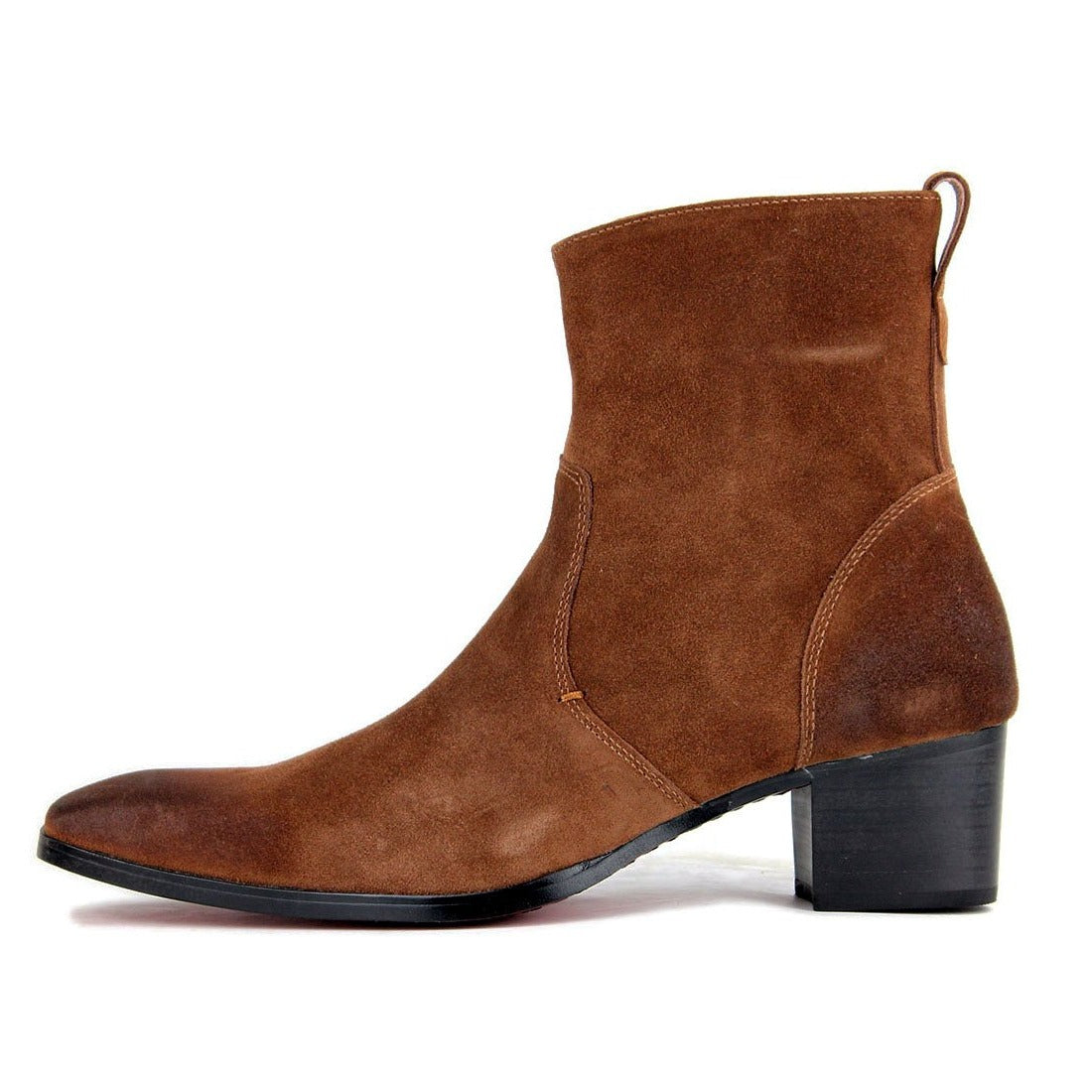 OSSTONE brown suede high-heeled Chelsea boot with a sleek design.