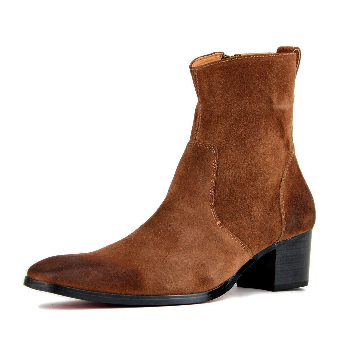 OSSTONE brown suede high-heeled Chelsea boot with a sleek design.