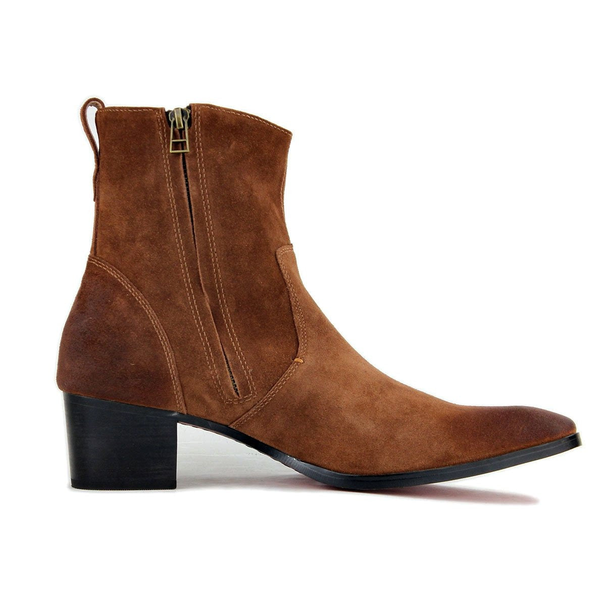 OSSTONE brown suede high-heeled Chelsea boot with a sleek design.