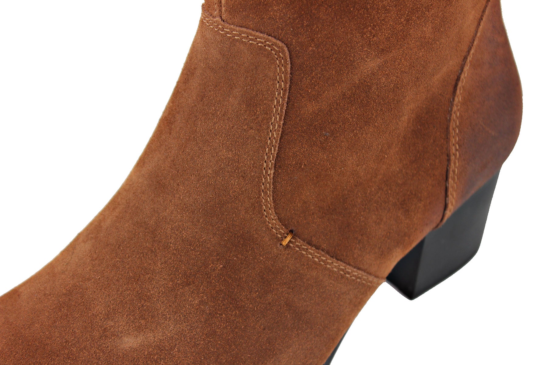 OSSTONE brown suede high-heeled Chelsea boot with a sleek design.