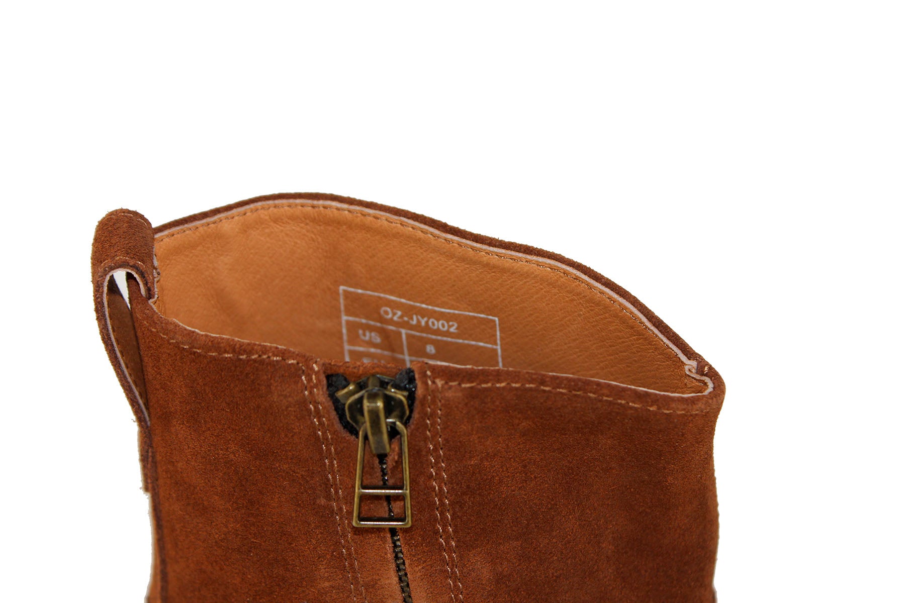 OSSTONE brown suede high-heeled Chelsea boot with a sleek design.