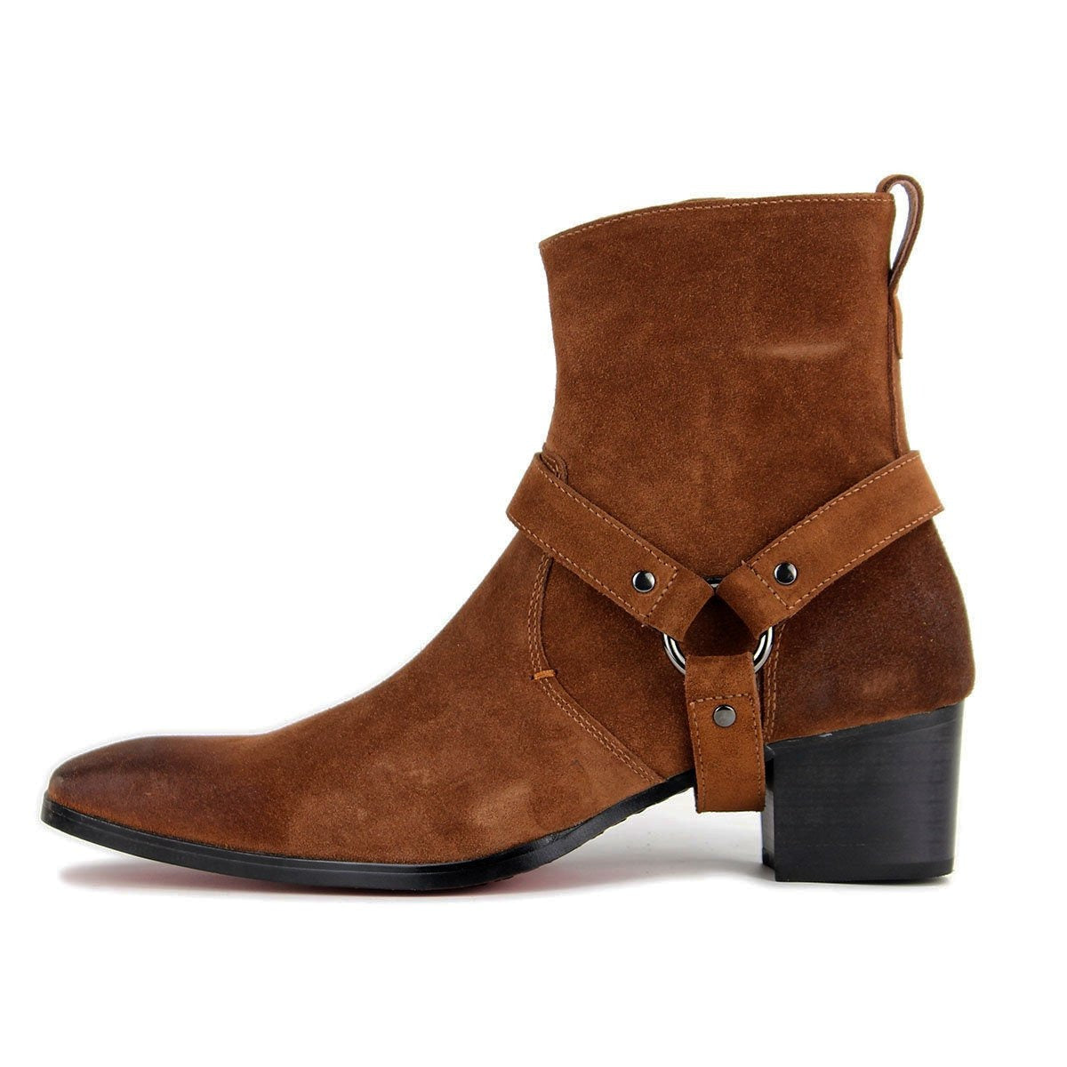 OSSTONE brown suede high-heeled Chelsea boot with a sleek design.