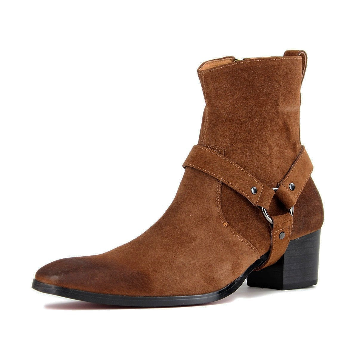 OSSTONE brown suede high-heeled Chelsea boot with a sleek design.