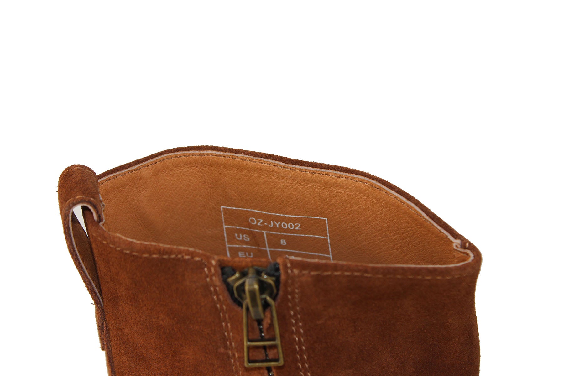 OSSTONE brown suede high-heeled Chelsea boot with a sleek design.