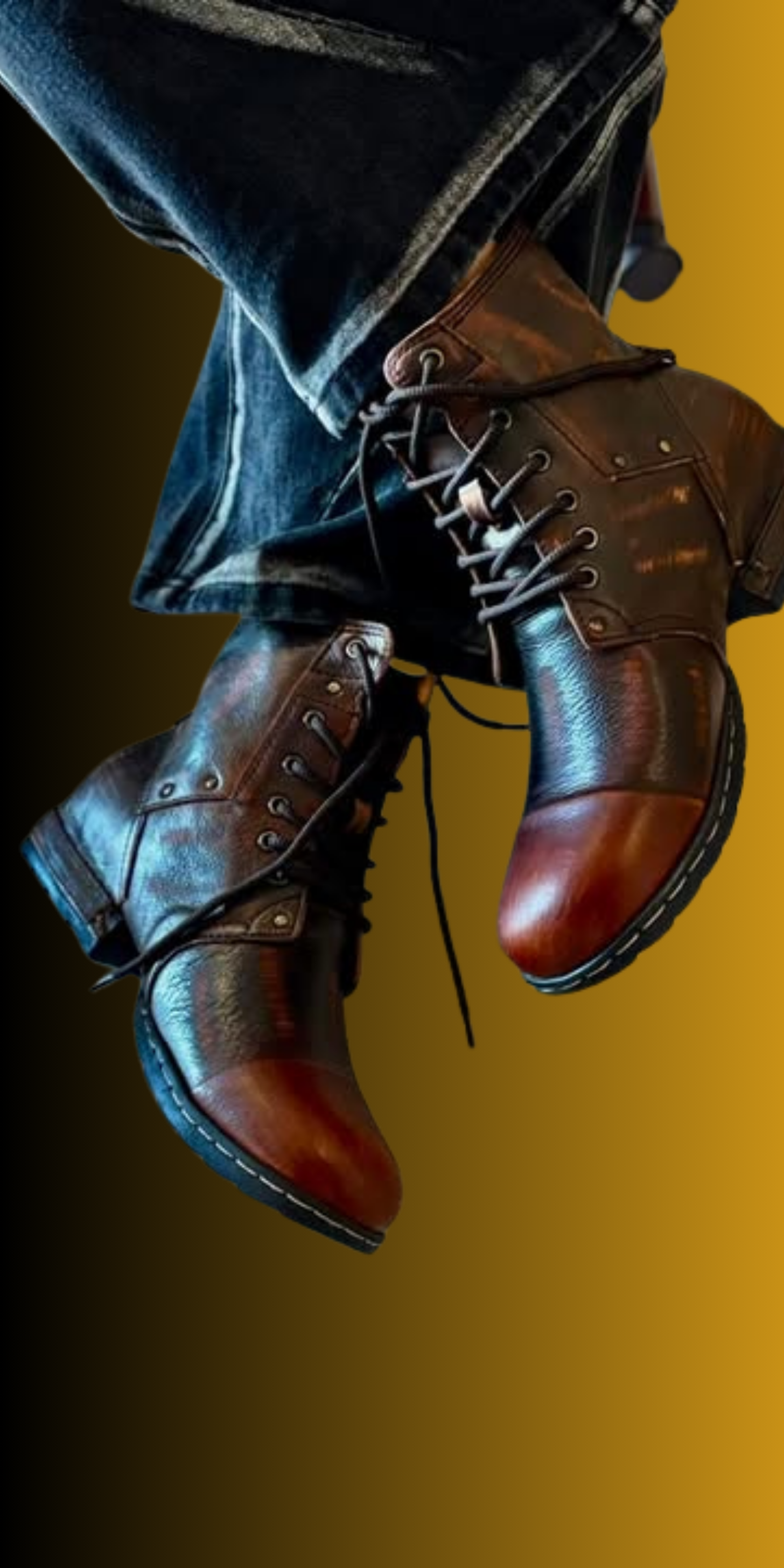 Brown leather boots being worn with a blurred background