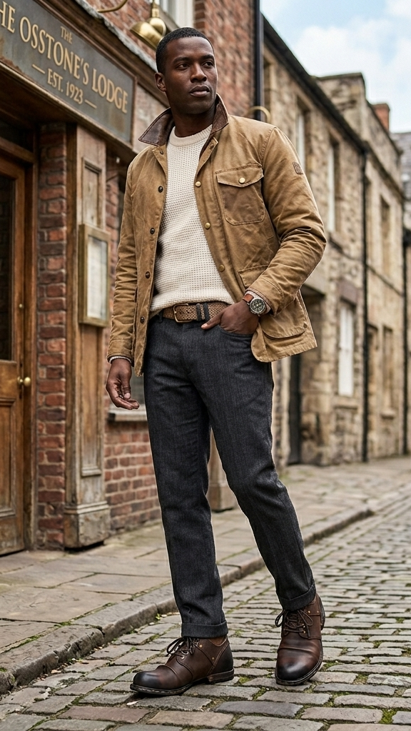Man in a tan jacket and dark pants standing in front of a brick building with 'The Osstones Lodge' sign.
